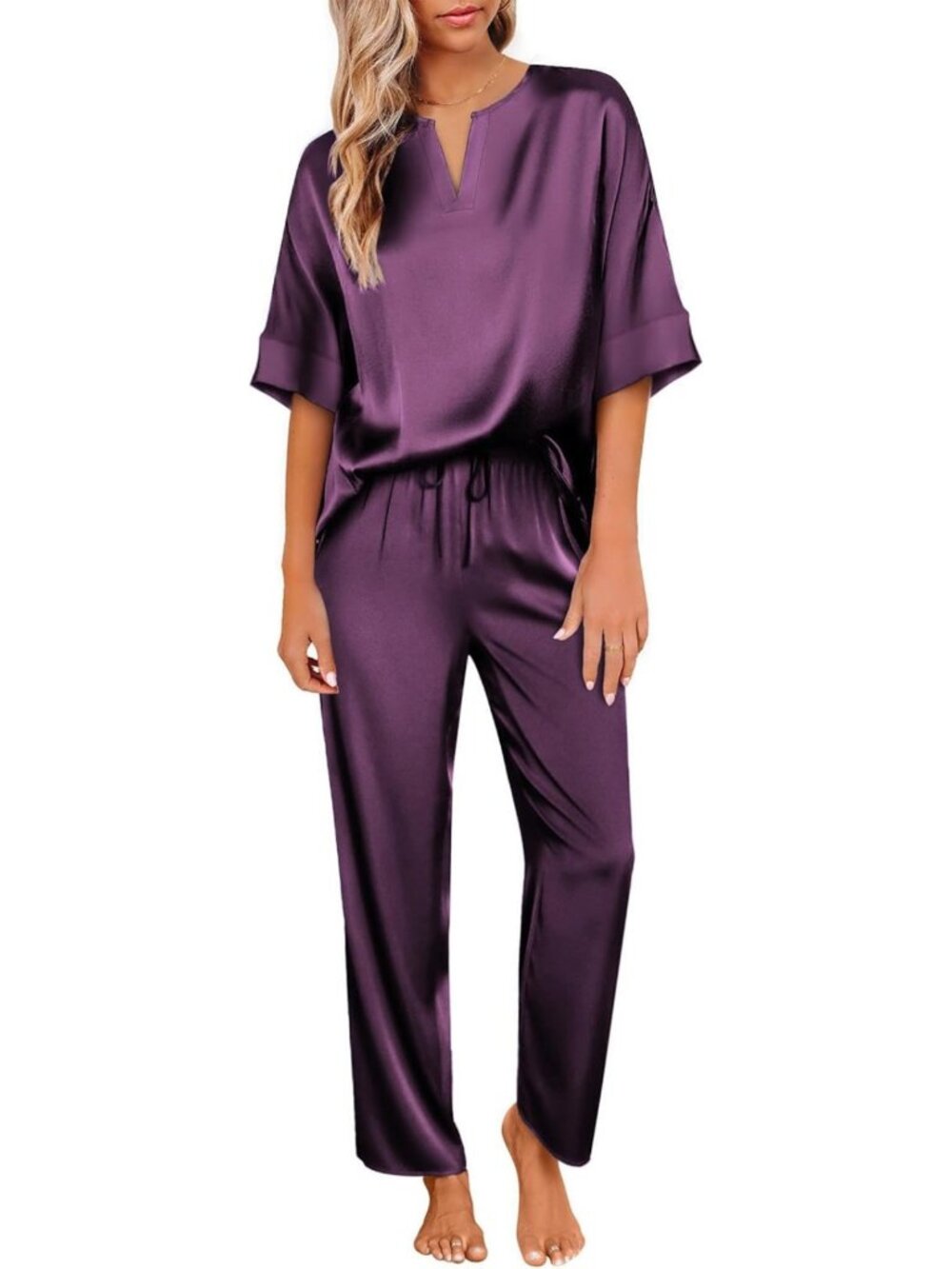 Silk Satin Pajama Set for Women | Short Sleeve V-Neck Top & Long Pants